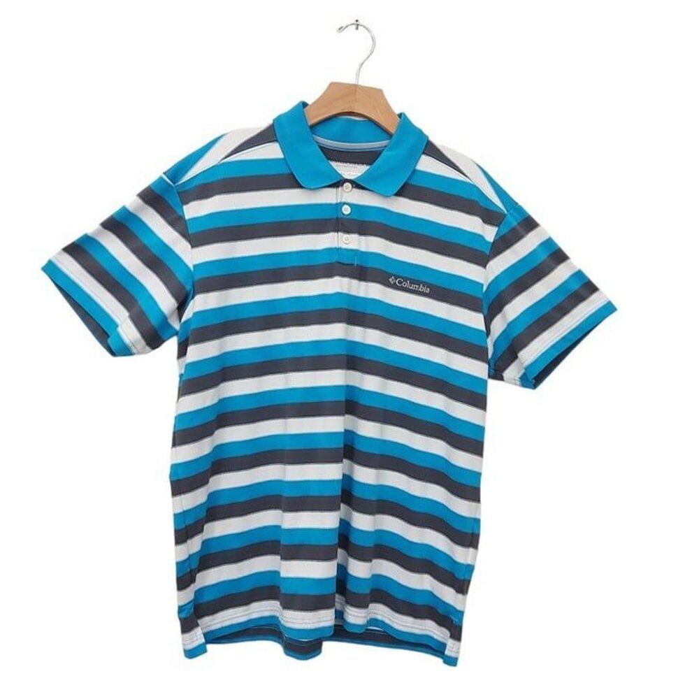 Columbia Polo Shirt Mens Large Blue Gray Striped Performance Tennis Golf
